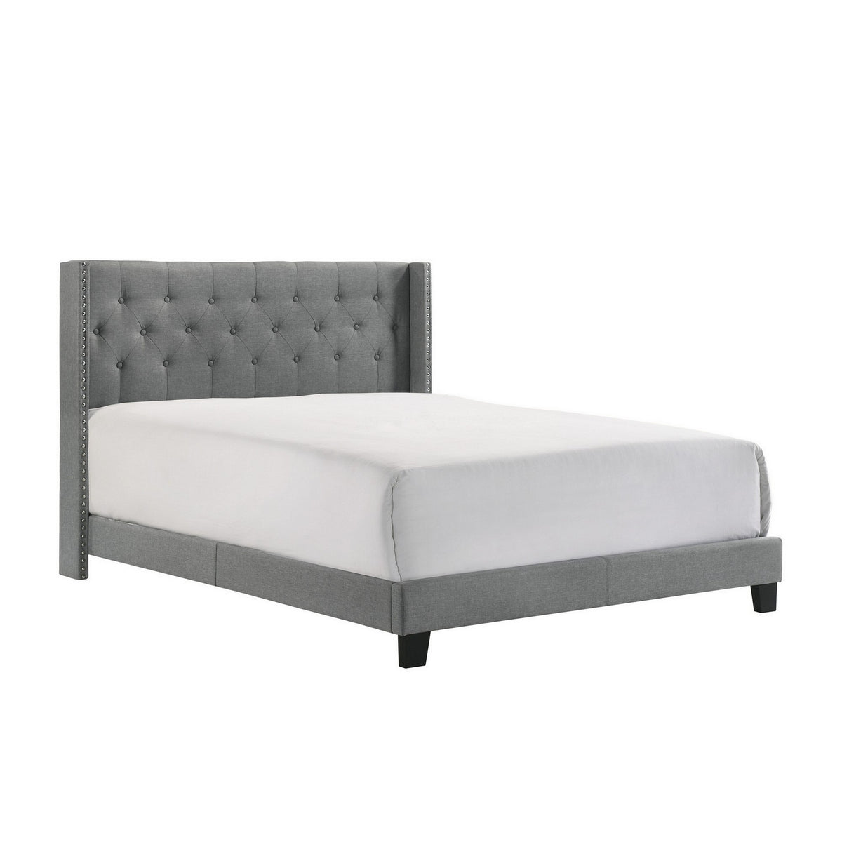 Lih Full Bed, Tufted Headboard, Wood Frame, Fabric, Black Legs, Gray - BM311802