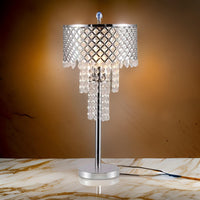 Denise 29 Inch Table Lamp, Glass, Metal Frame, Mesh Shade, Crystals, Gold - BM311805