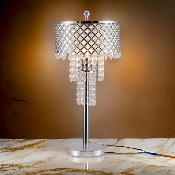 Denise 29 Inch Table Lamp, Glass, Metal Frame, Mesh Shade, Crystals, Gold - BM311805