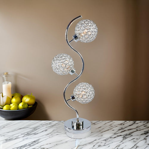 Denise 32 Inch Table Lamp, Metal Frame, Round Base Glass, Crystals, Silver - BM311806