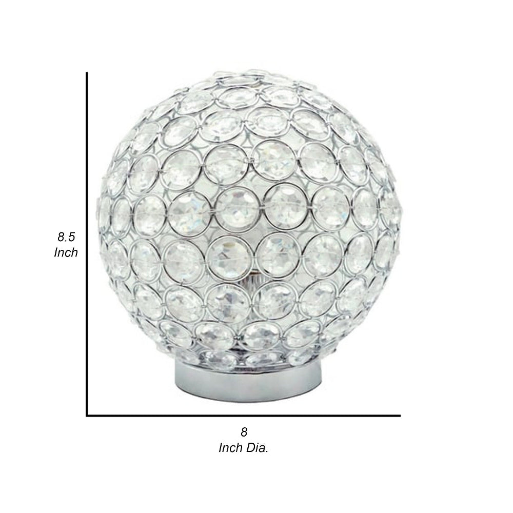 Denise 9 Inch Table Lamp, Round Metal Base, Crystal Ball Shade, Set of 2, Silver - BM311807