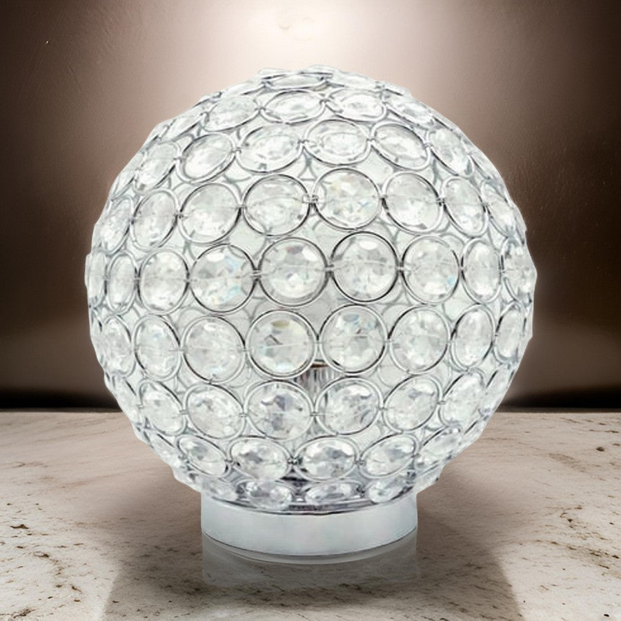 Denise 9 Inch Table Lamp, Round Metal Base, Crystal Ball Shade, Silver - BM311807