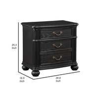 Berry 27 Inch Nightstand, Wood, Metal Handles, 3 Drawers, Classic Black - BM311808