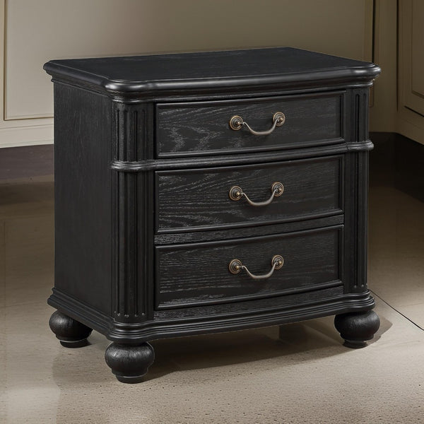 Berry 27 Inch Nightstand, Wood, Metal Handles, 3 Drawers, Classic Black - BM311808