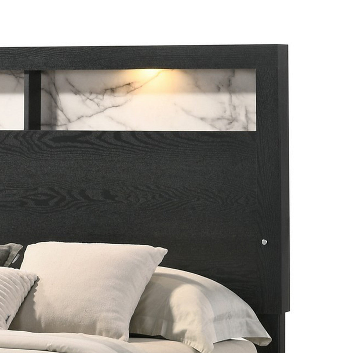 Yoh King Size Bed, Wood, Headboard with Lights and Shelves, Black - BM311818