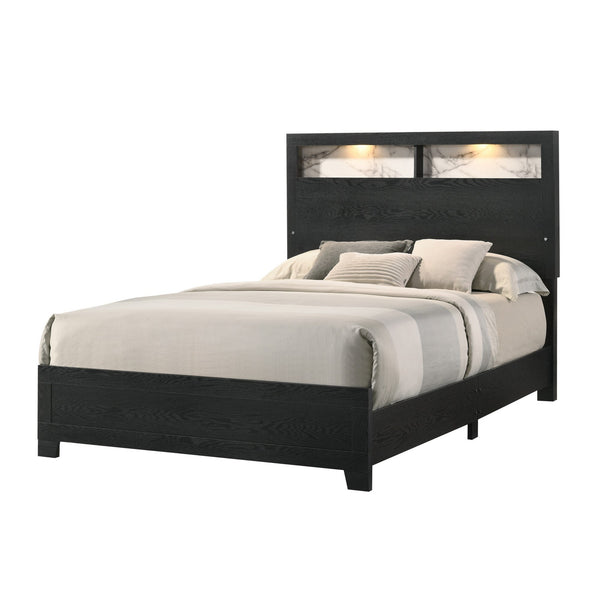 Yoh King Size Bed, Wood, Headboard with Lights and Shelves, Black - BM311818