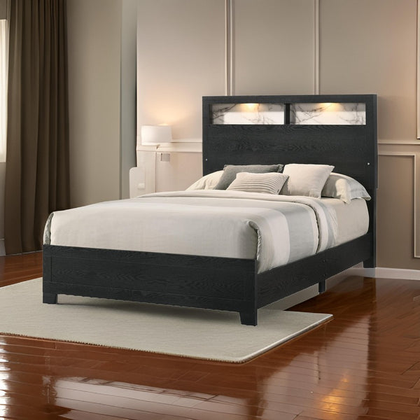 Yoh King Size Bed, Wood, Headboard with Lights and Shelves, Black - BM311818