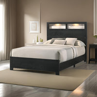 Yoh Queen Size Bed, Wood, Headboard with Lights and Shelves, Black - BM311819