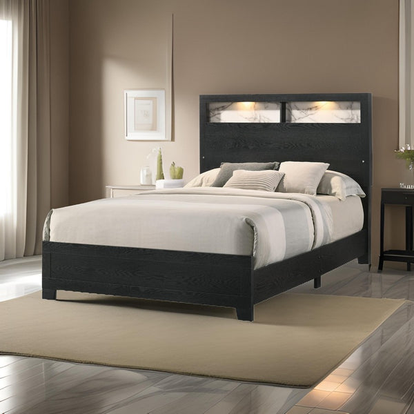 Yoh Queen Size Bed, Wood, Headboard with Lights and Shelves, Black - BM311819