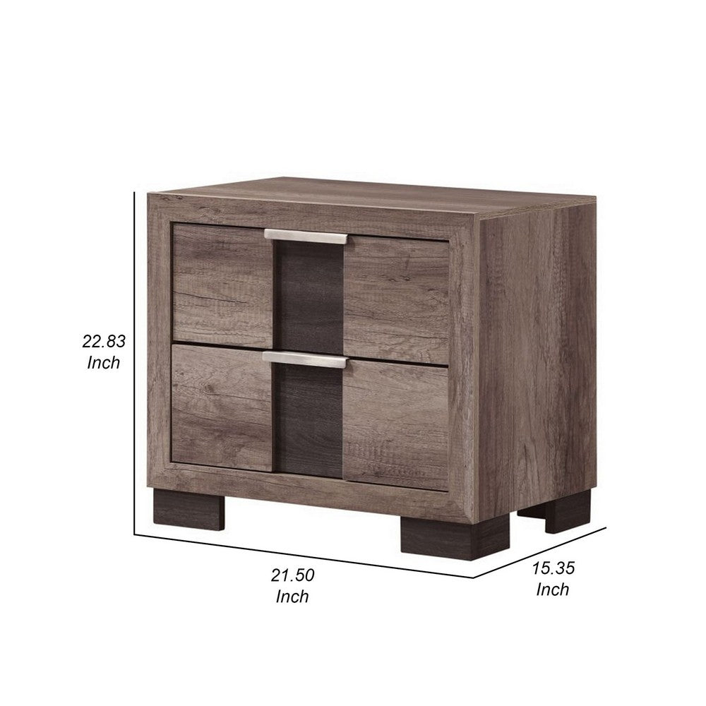 Rangley 24 Inch Nightstand, 2 Drawers, Chrome Metal Handles, Brown Wood - BM311822