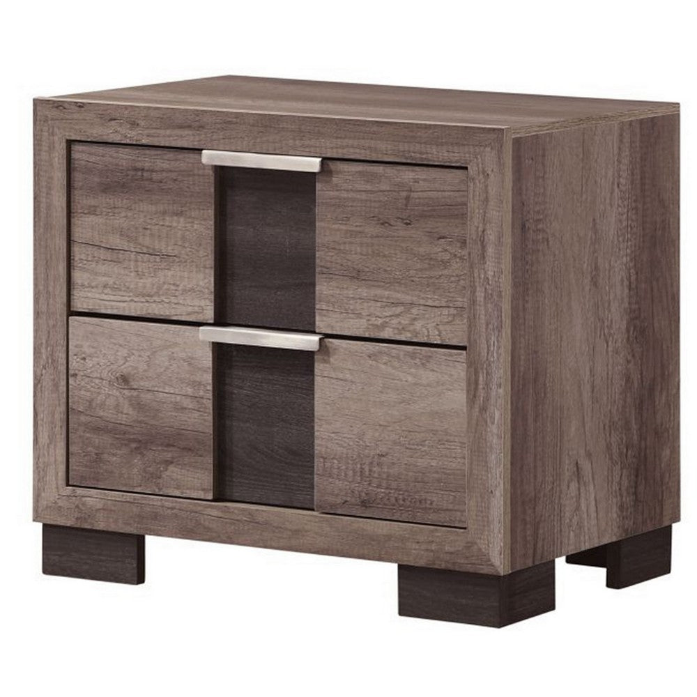 Rangley 24 Inch Nightstand, 2 Drawers, Chrome Metal Handles, Brown Wood - BM311822