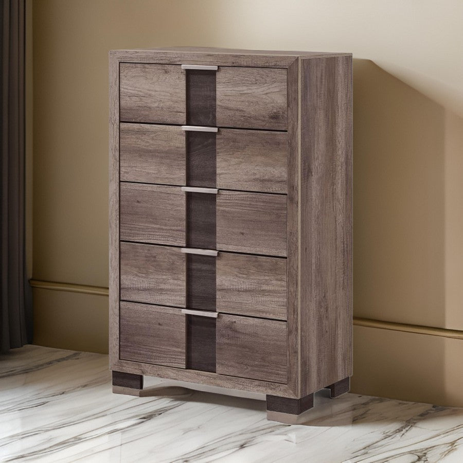 benzara Rangley 47 Inch Tall Dresser Chest Wood 5 Drawers Metal Handles Brown - BM311823