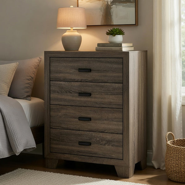 Shannon 45 Inch Tall Dresser Chest, Wood, Metal Handles, 4 Drawers, Brown - BM311825