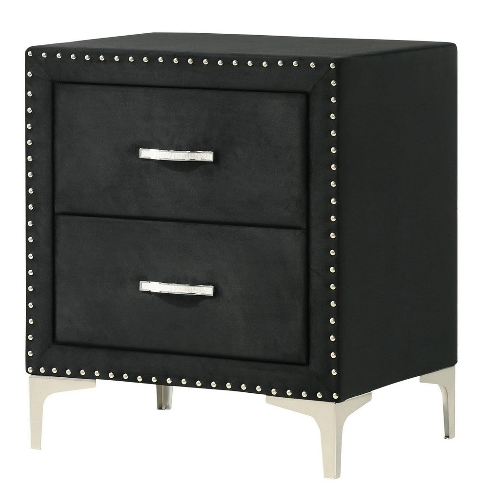 Moha 28 Inch Nightstand, Wood, 2 Drawers, Metal Handles, Black Velvet - BM311827