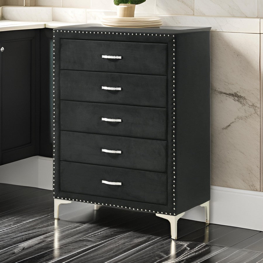 Benzara Moha 50 Inch Tall Dresser Chest, 5 Drawers, Metal Handles, Black Velvet - BM311828 |Benzara.com Benzara Moha 50 Inch Tall Dresser Chest, 5 Drawers, Metal Handles, Black Velvet - BM311828 |Benzara.com