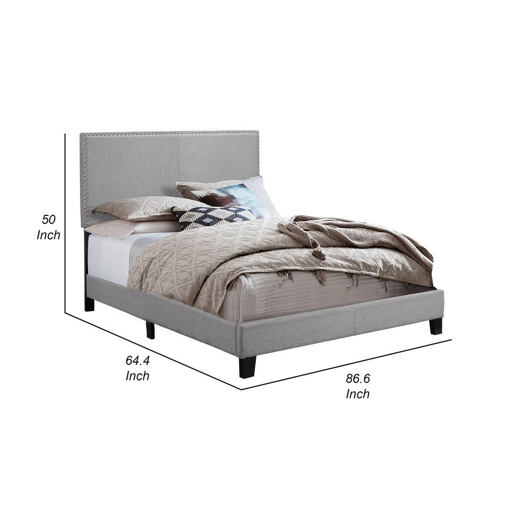 Shirin Queen Size Bed, Wood, Nailhead Trim, Upholstered Headboard, Gray - BM311839