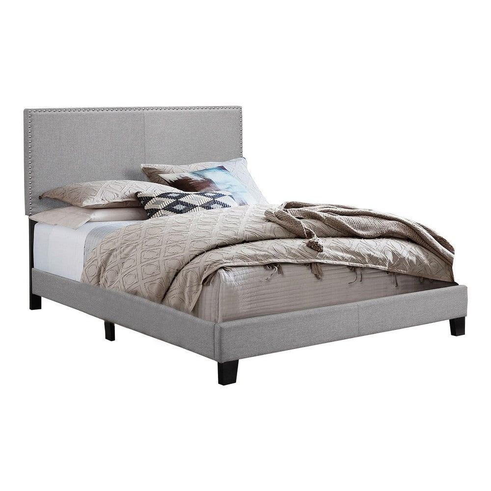 Shirin Twin Size Bed, Wood, Nailhead Trim, Upholstered Headboard, Gray - BM311840