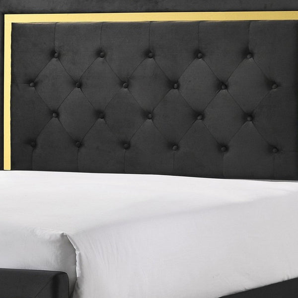 Robin Full Size Bed, Platform Base, Gold, Button Tufted Black Upholstery - BM311846