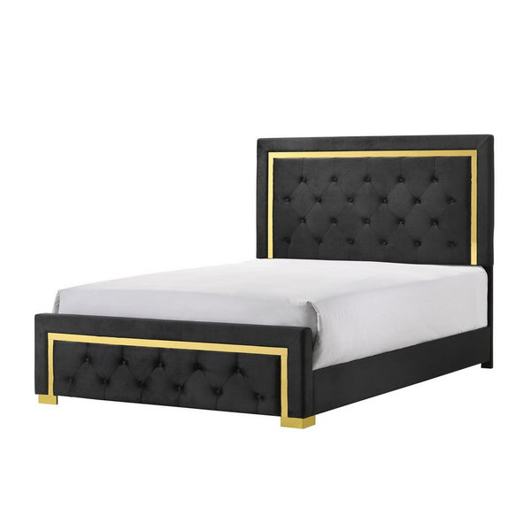 Robin Full Size Bed, Platform Base, Gold, Button Tufted Black Upholstery - BM311846
