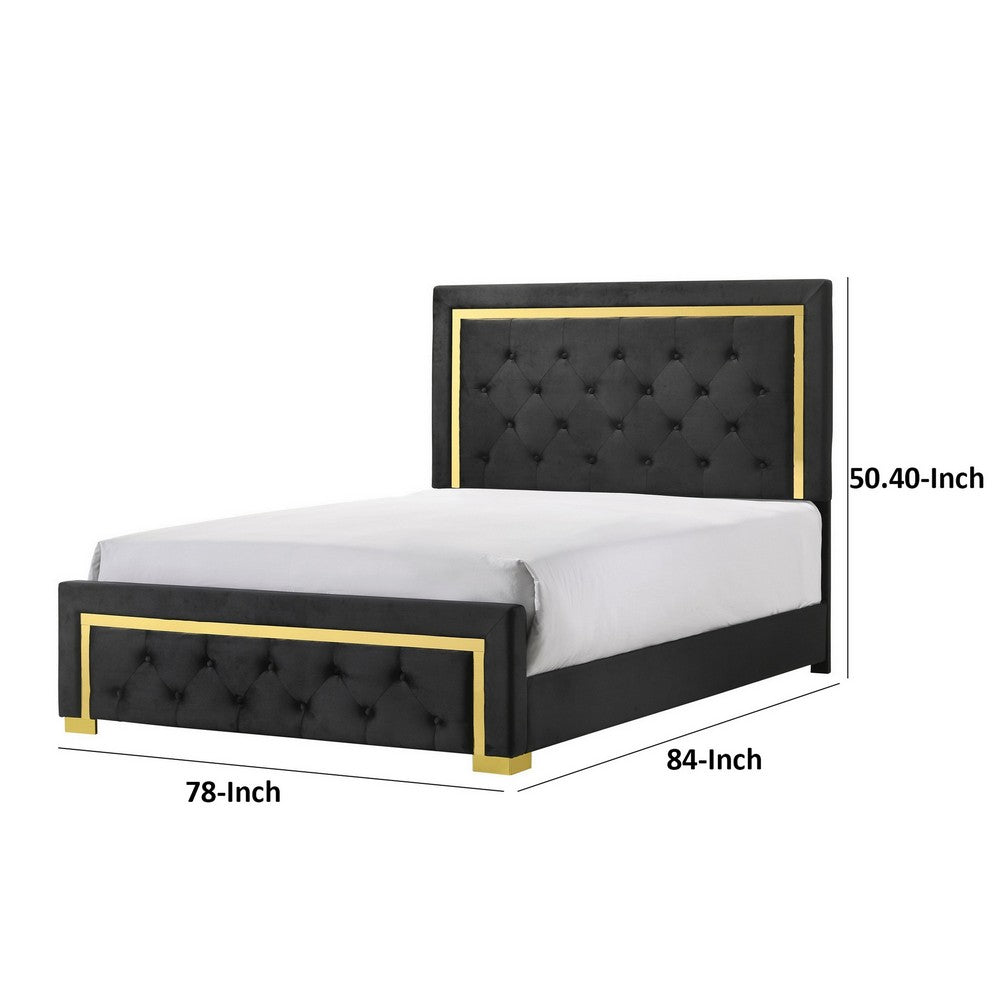 Robin King Size Bed, Platform Base, Gold, Button Tufted Black Upholstery - BM311847
