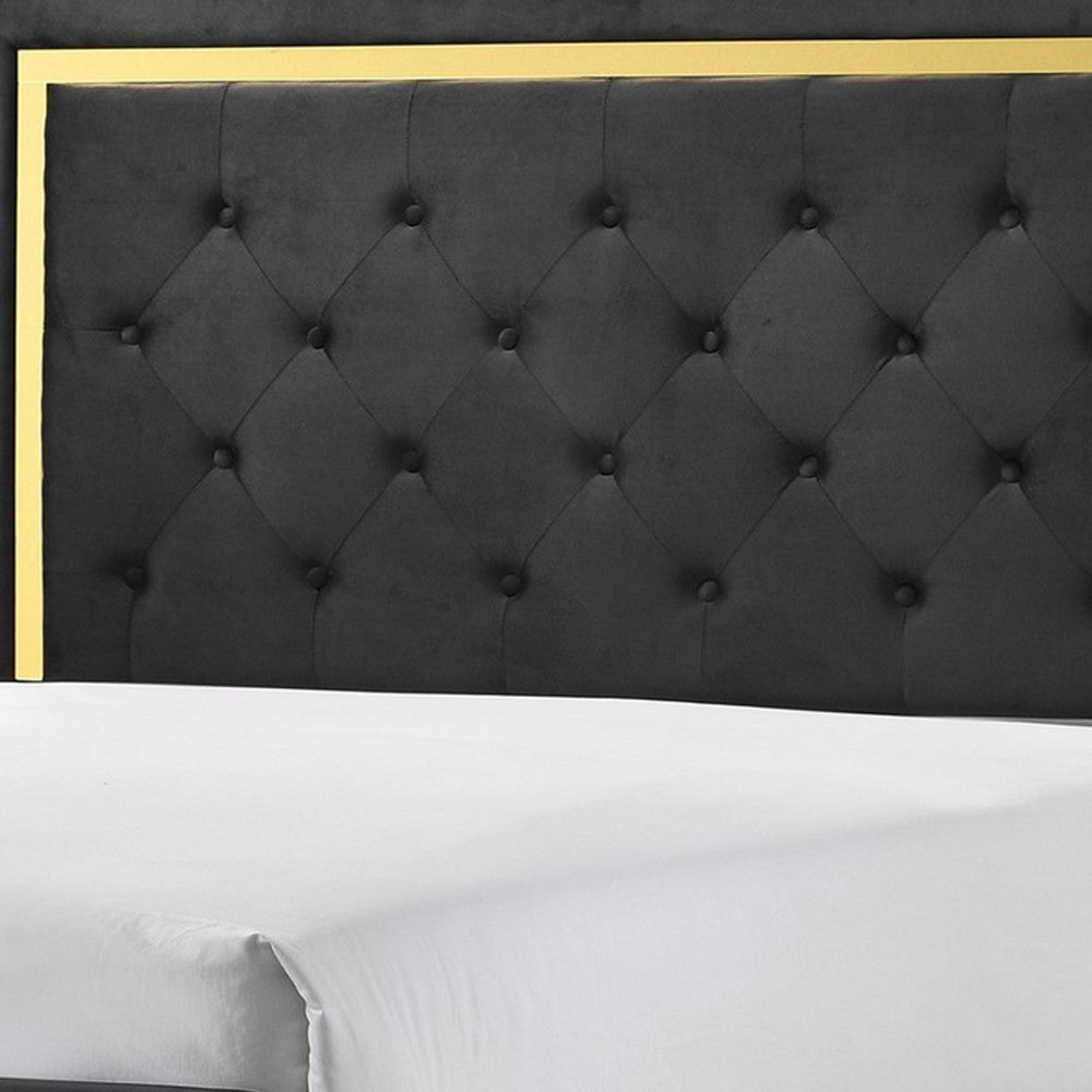 Robin Queen Size Bed, Platform Base, Gold, Button Tufted Black Upholstery - BM311848
