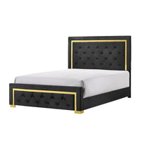 Robin Queen Size Bed, Platform Base, Gold, Button Tufted Black Upholstery - BM311848