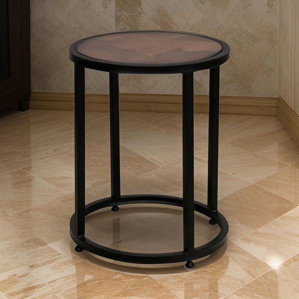 Berry 24 Inch Side End Table, Copper Round Top, Caster Wheels, Black Metal - BM311851