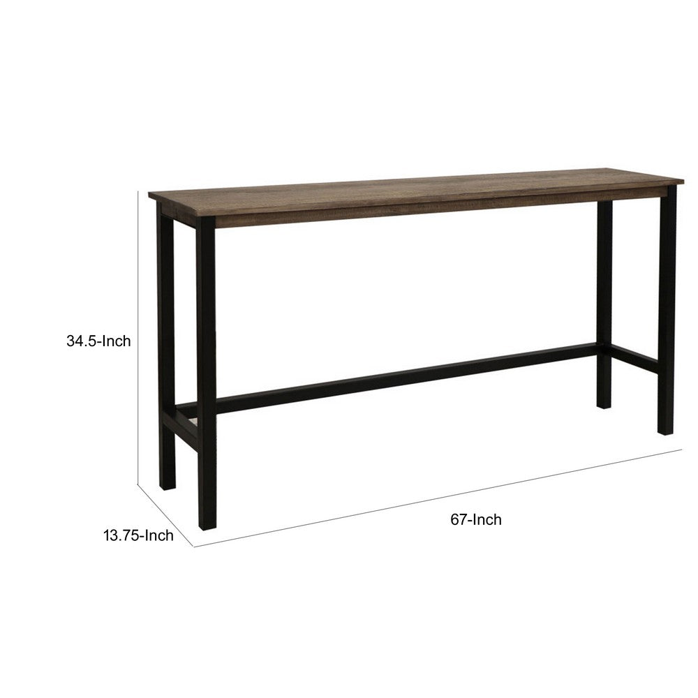 Simi 67 Inch Console Table, Wide 3 Tier Design, Black Metal, Brown Wood - BM311856