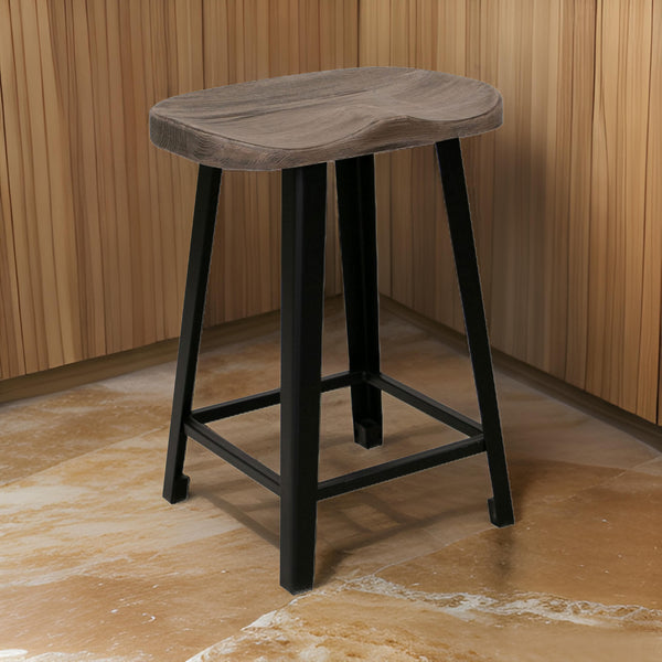 Simi 24 Inch Counter Height Stool, Industrial Black Metal Base, Brown Wood - BM311857