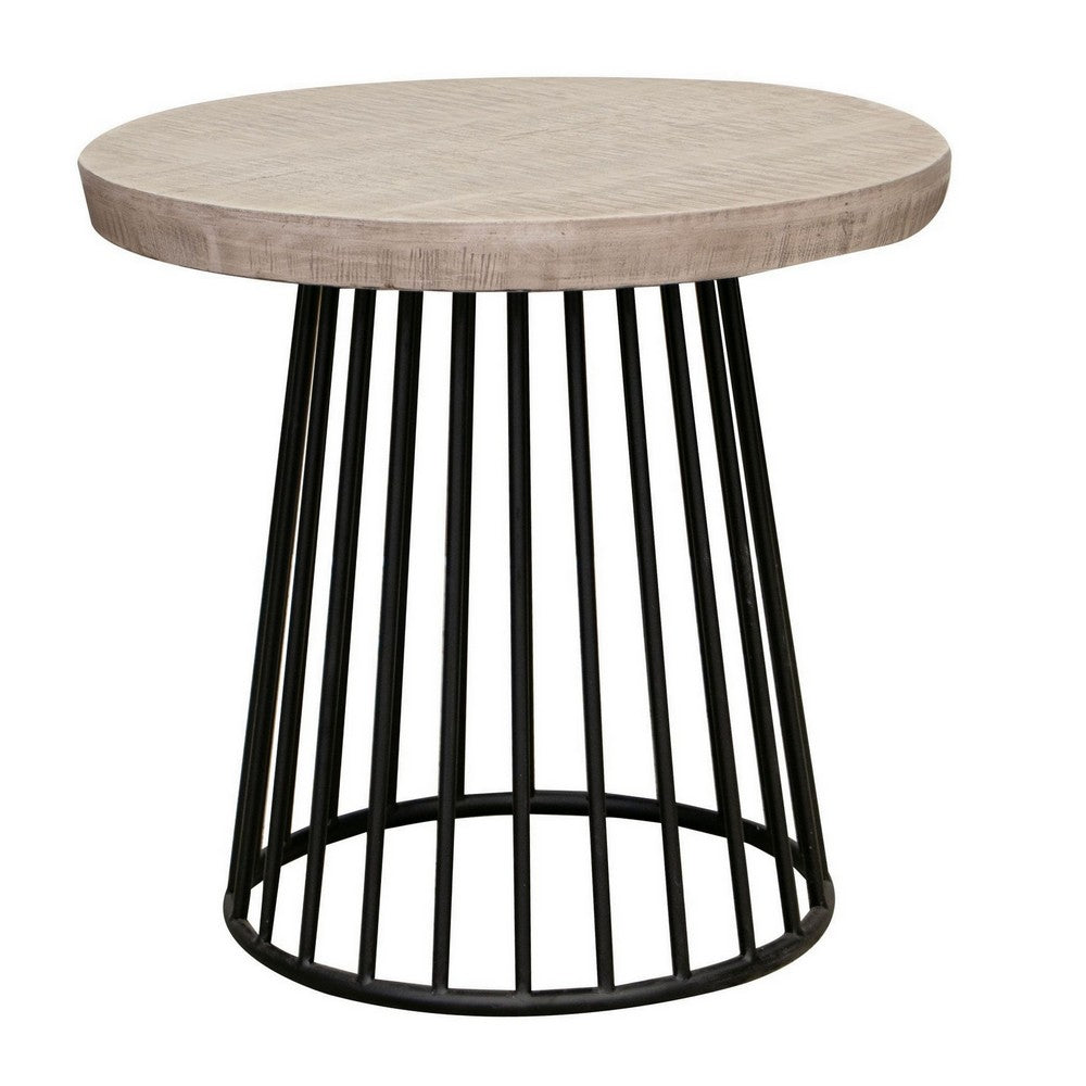 Rita 25 Inch Side End Table, Open Cone Base, Off White Wood, Black Metal - BM311861