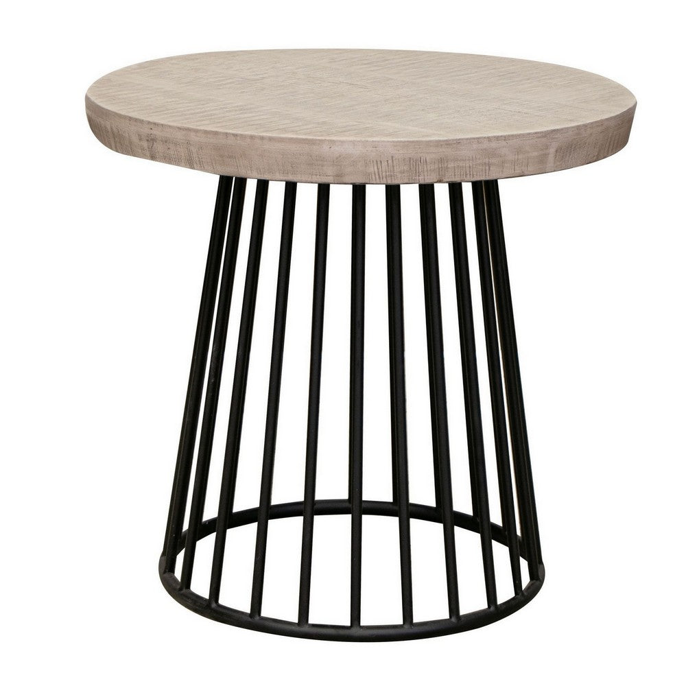 Rita 25 Inch Side End Table, Open Cone Base, Off White Wood, Black Metal - BM311861