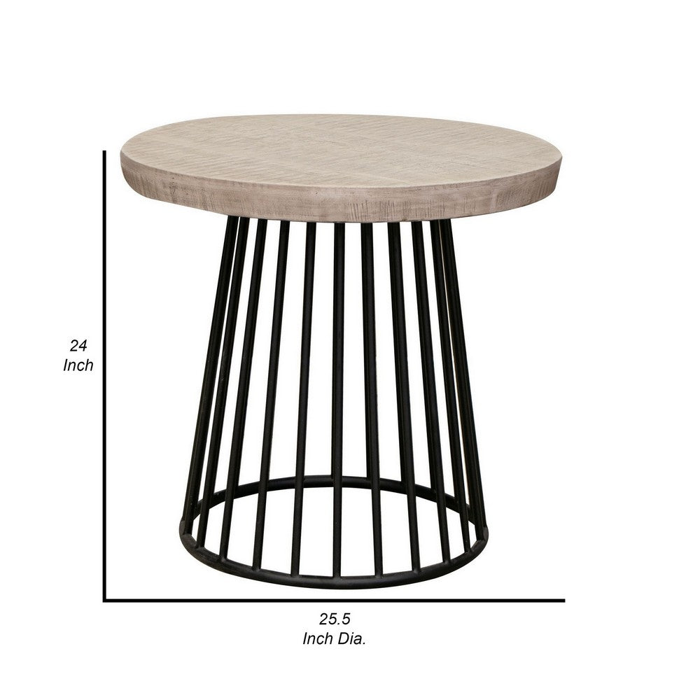 Rita 25 Inch Side End Table, Open Cone Base, Off White Wood, Black Metal - BM311861