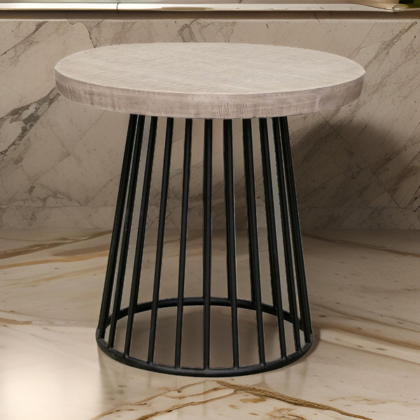 Rita 25 Inch Side End Table, Open Cone Base, Off White Wood, Black Metal - BM311861