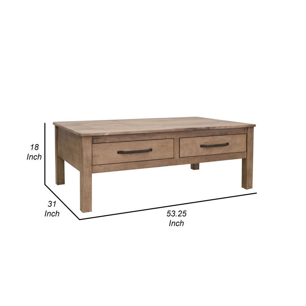 Umey 53 Inch Coffee Table, 2 Drawers, Light Natural Brown Wood Frame - BM311865
