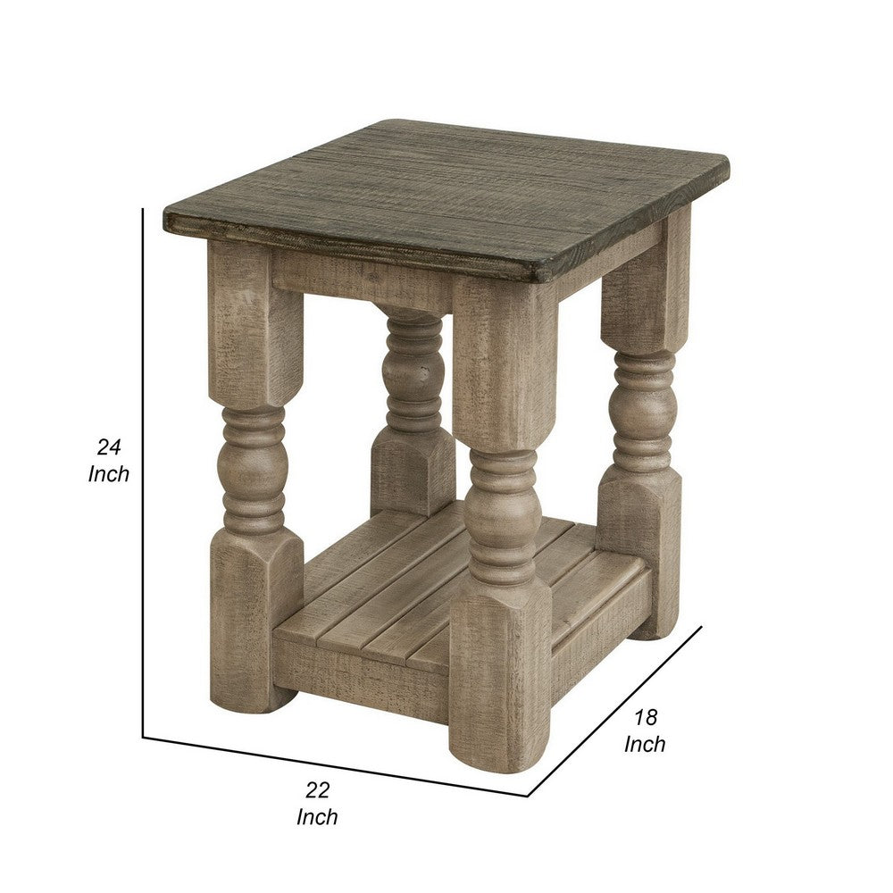 Nite 24 Inch Chairside Table, Square Top, Lower Shelf, Brown Wood Frame - BM311875