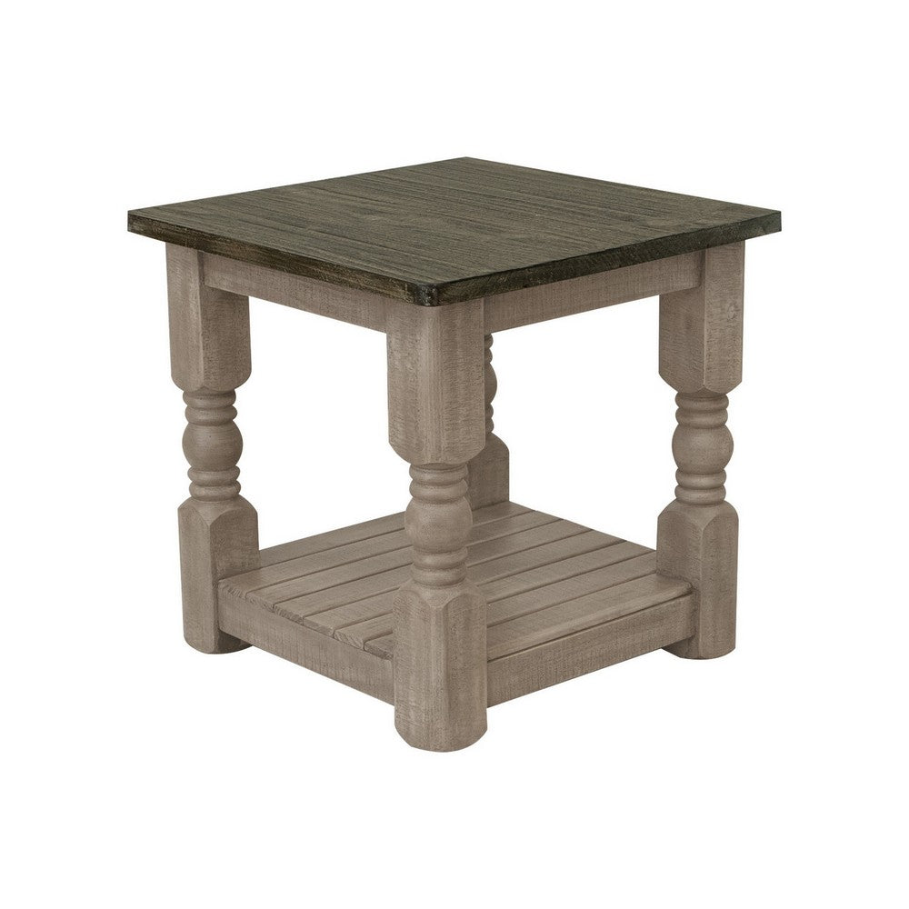 Nite 25 Inch Side End Table, Square Top, Lower Shelf, Rustic Brown Wood - BM311876