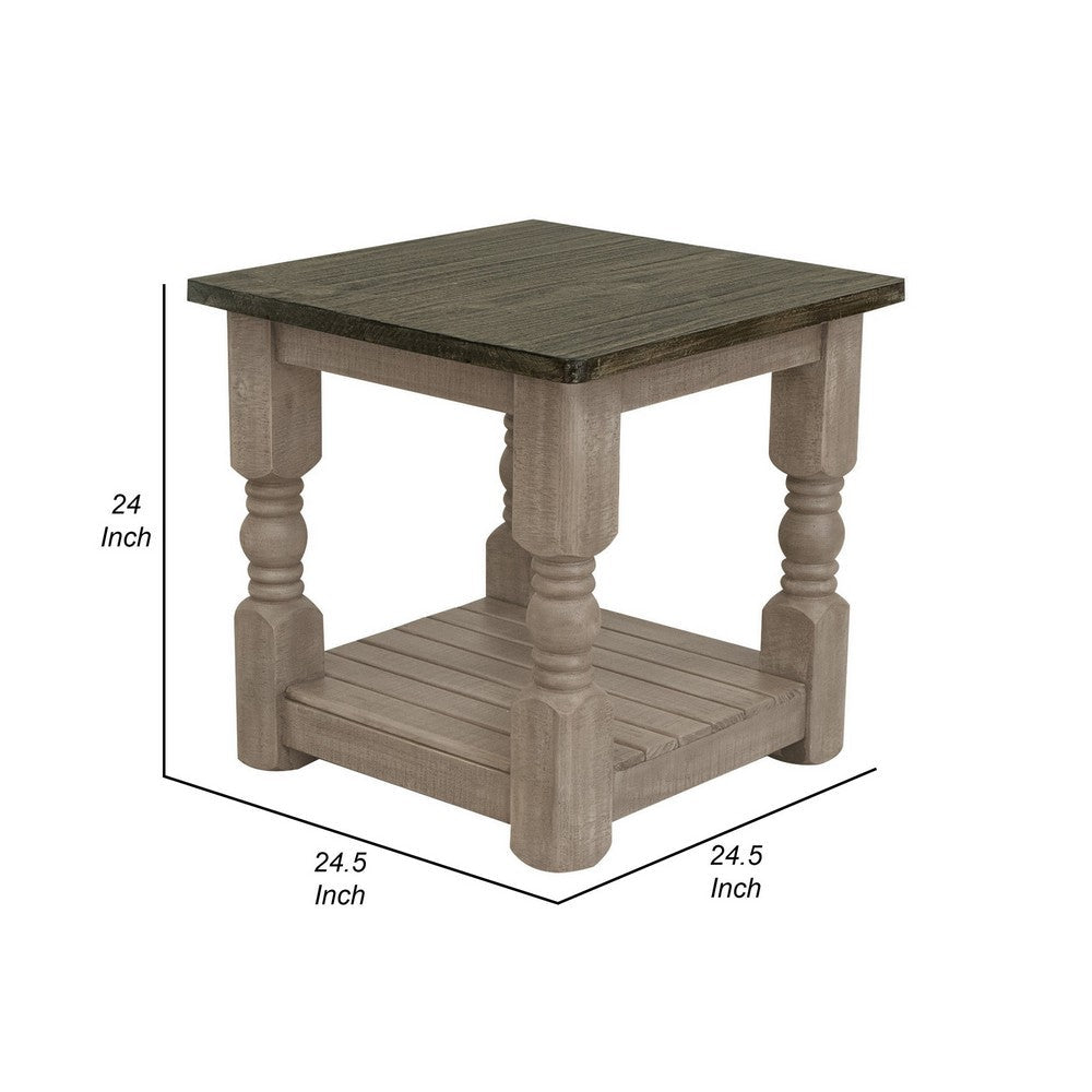 Nite 25 Inch Side End Table, Square Top, Lower Shelf, Rustic Brown Wood - BM311876