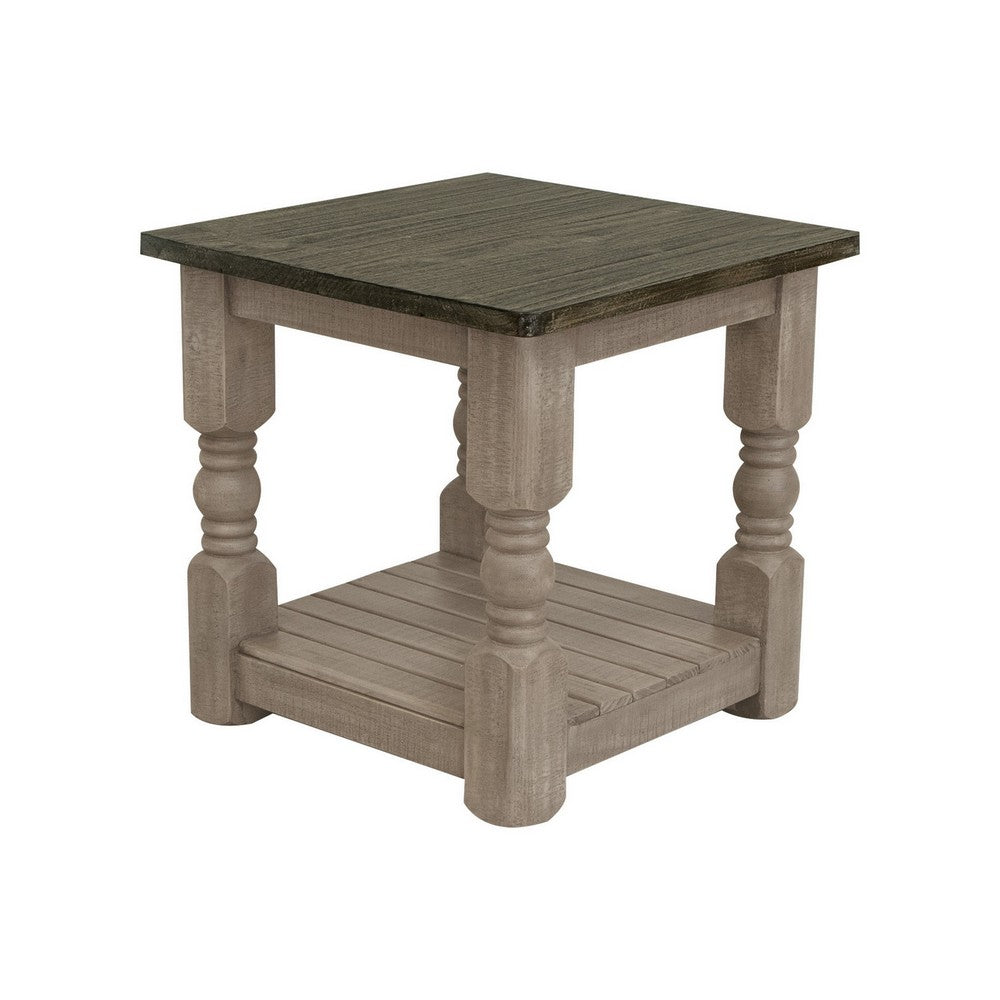 Nite 25 Inch Side End Table, Square Top, Lower Shelf, Rustic Brown Wood - BM311876