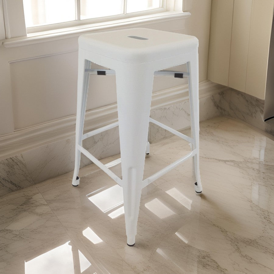 30 Inch Barstool, Tapered Legs, Sleek Footrests, Modern White Metal Finish - BM311903