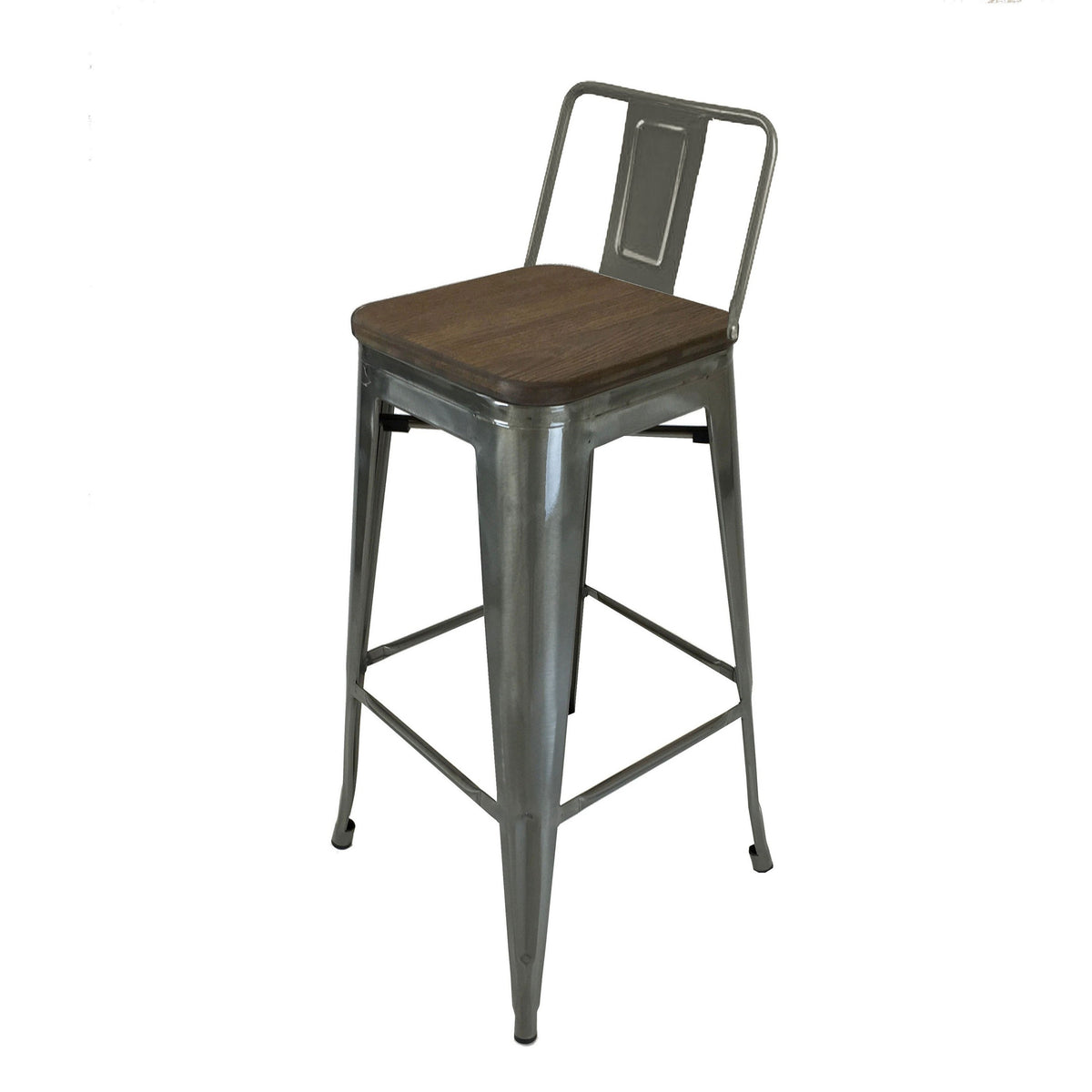 Trace 30 Inch Barstool Chair, Low Back, Wood Seat, Light Gray Metal - BM311913