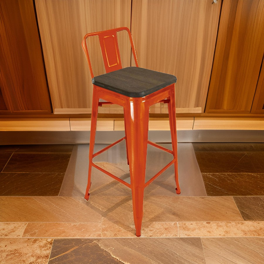 Trace 30 Inch Barstool Chair, Low Back, Wood Seat, Orange Metal Finish - BM311914