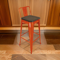 Trace 30 Inch Barstool Chair, Low Back, Wood Seat, Orange Metal Finish - BM311914