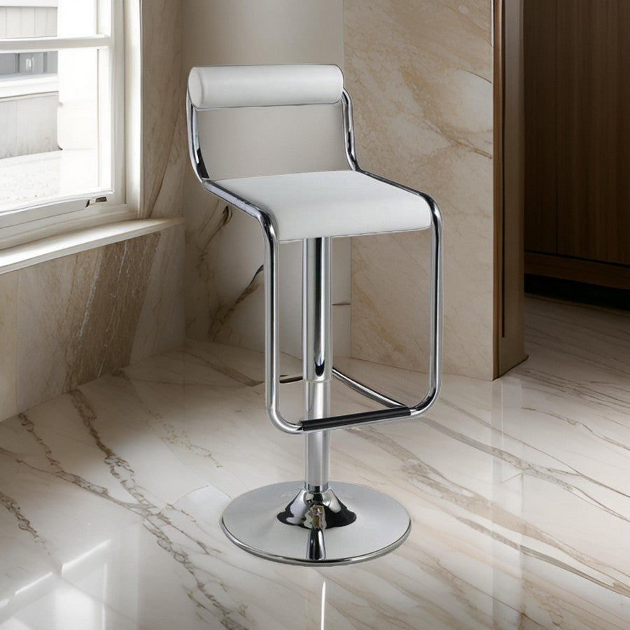 25-29 Inch Barstool Chair, Adjustable, White Faux Leather, Chrome Metal - BM311916