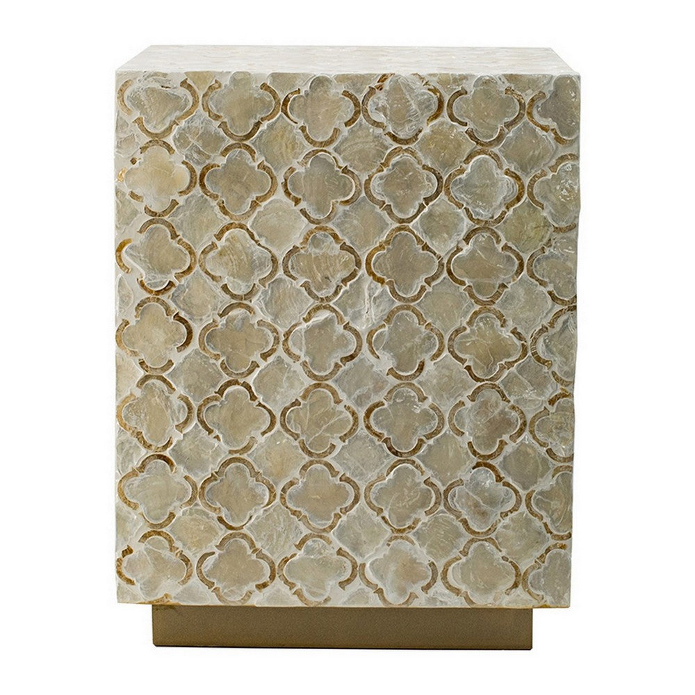 18 Inch Accent Side End Table Stool, Square, Cream Capiz, Gold Base - BM311929