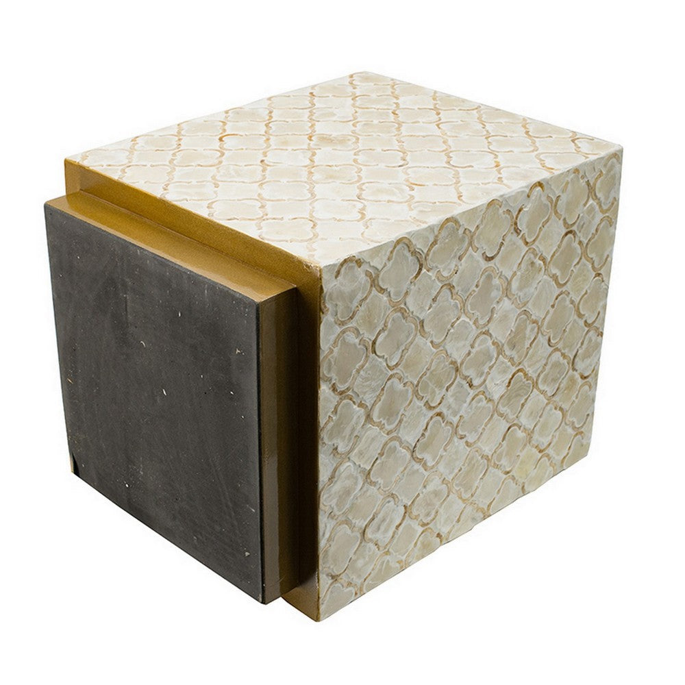 18 Inch Accent Side End Table Stool, Square, Cream Capiz, Gold Base - BM311929