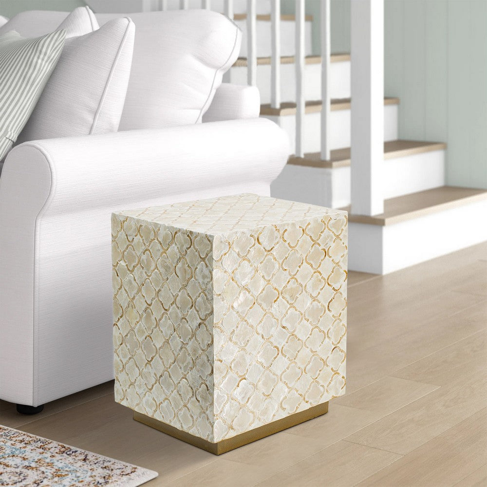 18 Inch Accent Side End Table Stool, Square, Cream Capiz, Gold Base - BM311929