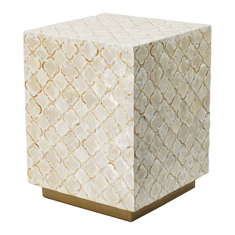 18 Inch Accent Side End Table Stool, Square, Cream Capiz, Gold Base - BM311929