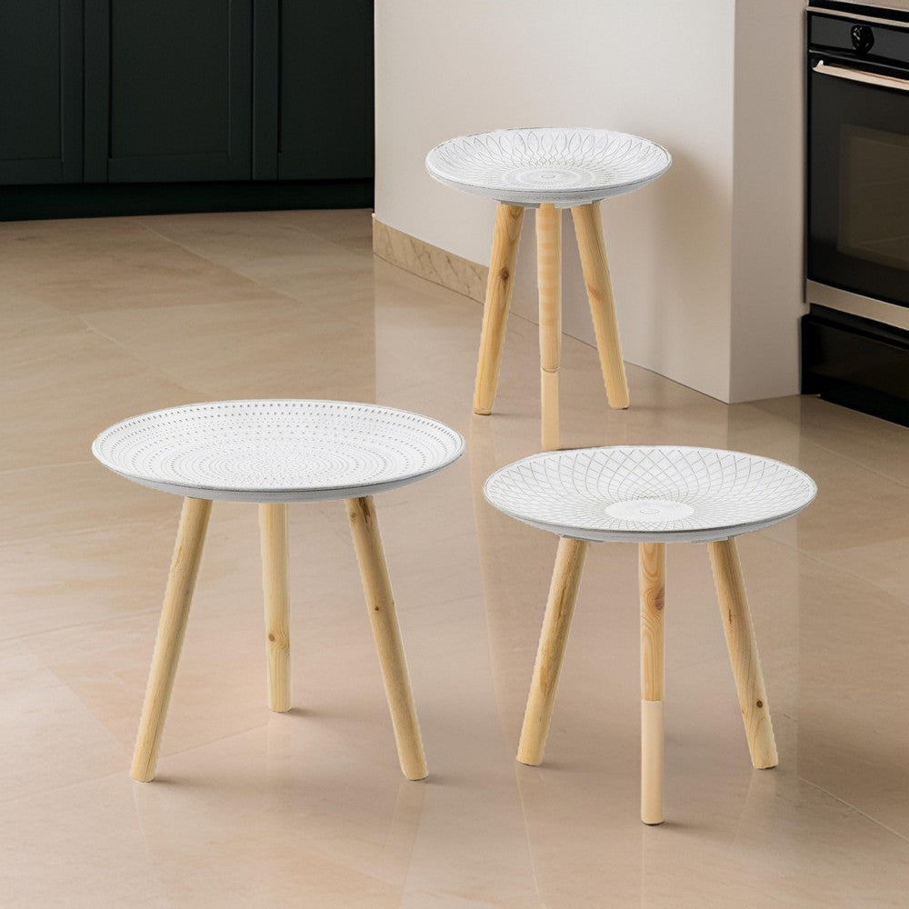 12, 16, 18 Inch Side Tables Set of 3, White Finished Pattern MDF Top, Brown - BM311930