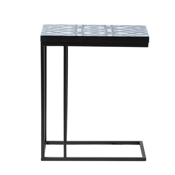 24 Inch Side Table, C Shaped, Indigo Patterned Top, Iron Frame, Black  - BM311931