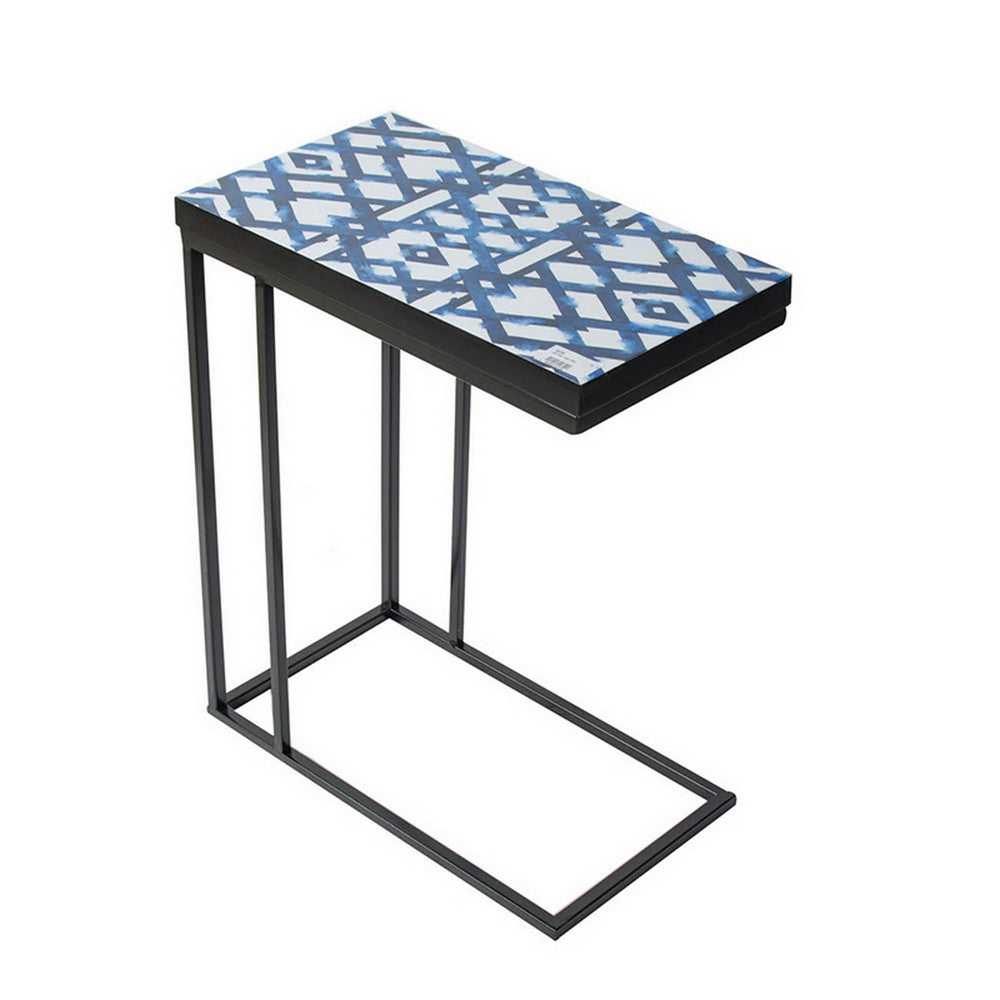 24 Inch Side Table, C Shaped, Indigo Patterned Top, Iron Frame, Black  - BM311931